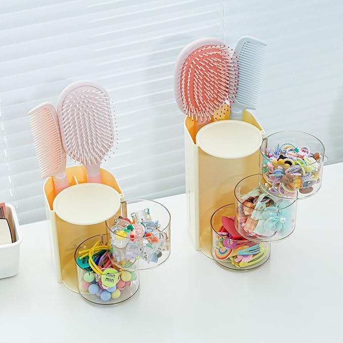 FABROK 3-Layer Clear Hair Accessories Organizer with Hair Brushes Holder, Rotatable Small Jewelry Box for Hair Clip Earring Necklaces, Desktop Organizer Case for Cotton Swab, Hair Accessories(Yellow)