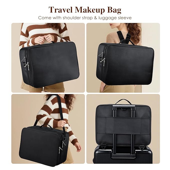 Adazzo Extra Large Makeup Case 8.5” Deep Professional Cosmetic Organizer Box Brush Holder with 3 Clear Set Bags/Lipstick Plate for Makeup Artists with Shoulder Strap/Adjustable Dividers/Luggage Sleeve