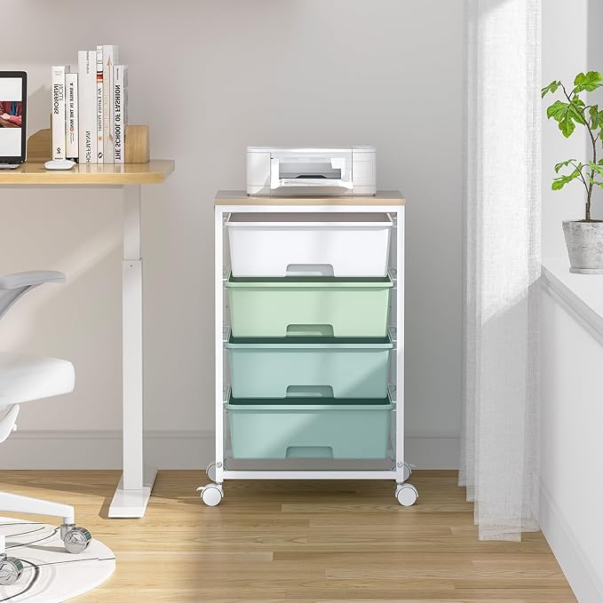 Utility Cart with 4 Drawers,Rolling Storage Cart with Drawers,Storage Rolling Drawer Cart with Wooden Tabletop for Bedroom,Kid's Room,Dorm,Classroom,Office,Green