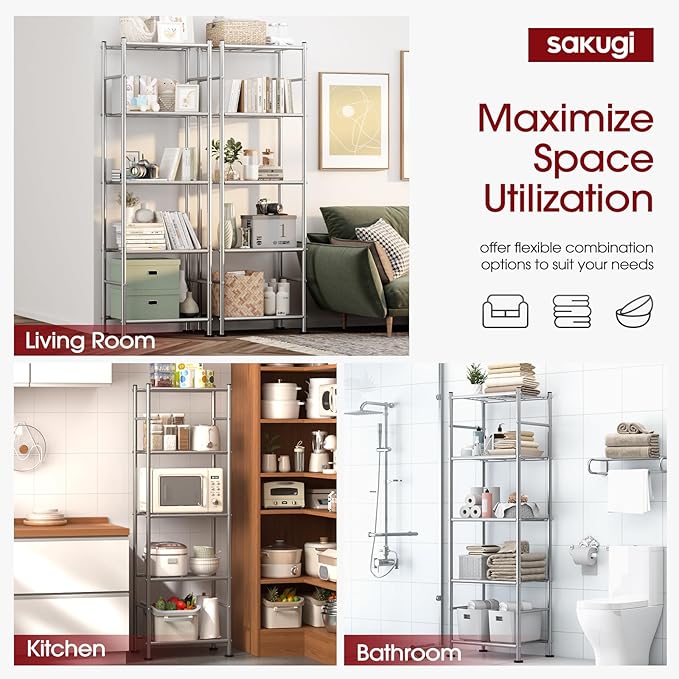 Storage Shelves - Set of 2, 5-Tier Metal Shelf Organizer, Space-Saving Garage Shelving with Leveling Feet, Standing Shelves Organizer for Kitchen, Laundry, Pantry (18.4"x12.6"x57.4", Silver)