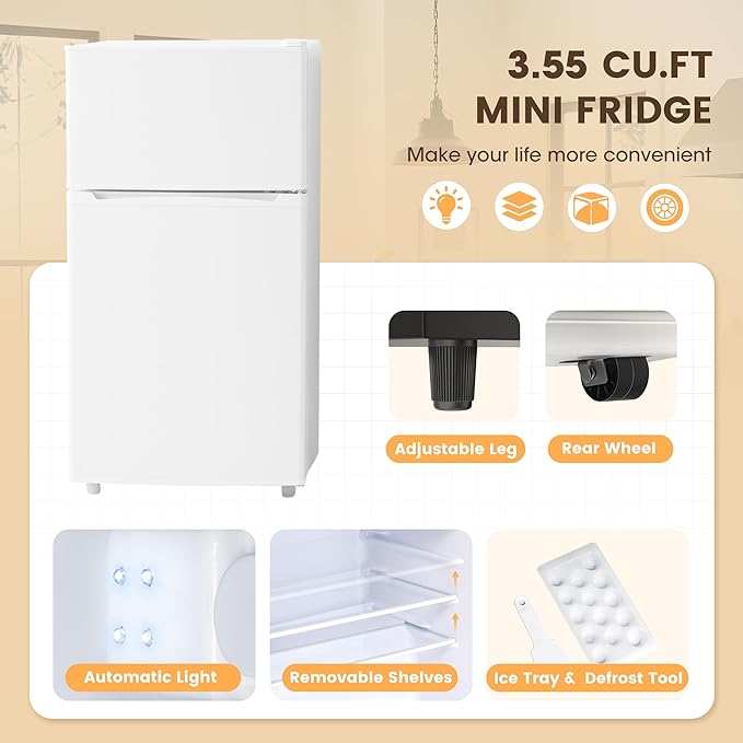 Manastin 3.55 Cu.Ft Mini Fridge with Freezer, Small Fridge with 2 Doors for Office, Kitchen, Dorm and Bedroom, Mini Refrigerator with Adjustable Shelves (White)