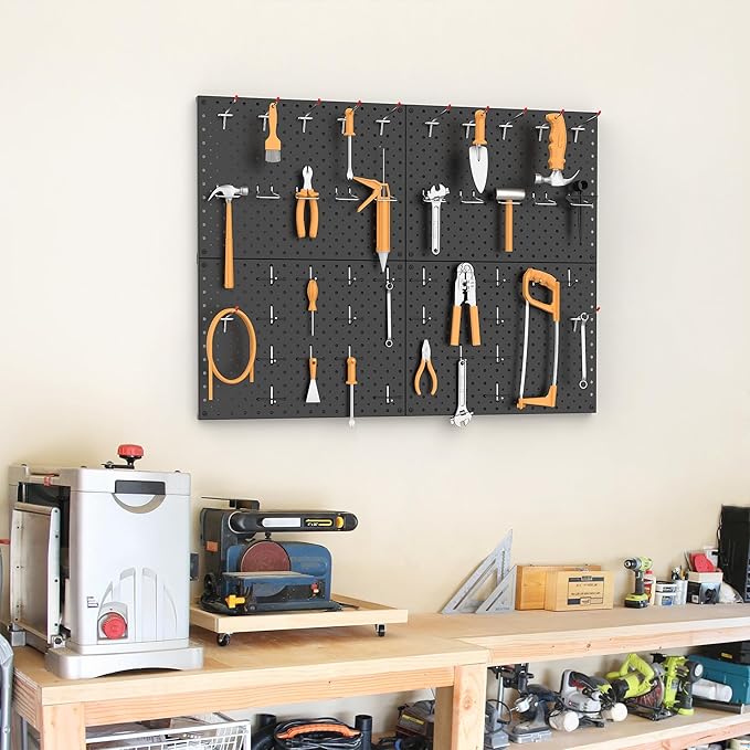 TORACK 4 PCS 12"x16" Metal Pegboard Panels for Garage, Workbench, Shop, Tool Organizer Peg Board with 1/8" & 1/4" Holes, Modular Wall-Mounted Pegboard for Pegboard Hooks (Black)