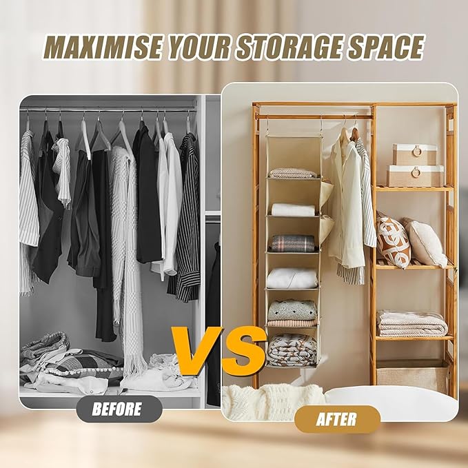 Hanging Closet Organizer 6-Shelf, Beige Storage Solution with Side Pockets for Clothes, Shoes, and Accessories, Closet Organizers and Storage, Send Goods from Local Warehouse