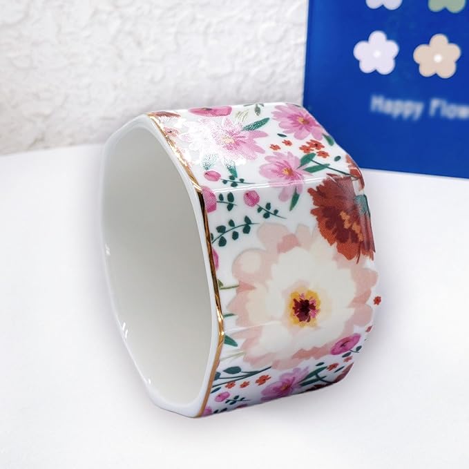 Ceramic Paper Clip Holder Gold Line Paper Clip Dispenser Organizer for Desk Cute Floral Pattern Office Binder Clip Holder Bobby Pin and Hair Clip Holder Gift for Office (White Pink)
