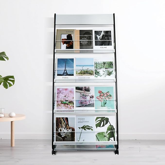 4-Tier Floor-Standing Magazine Rack with Wheels – Perfect Brochure Display Stand for Exhibitions, Offices, and Information Hubs