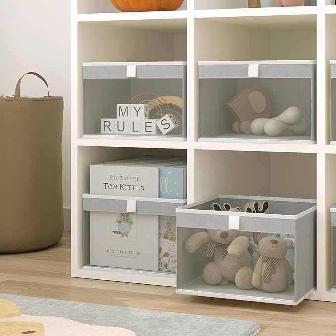 Linen Closet Organizers and Storage, Closet Storage Bins Basket Organizer, Foldable Organization Baskets with Mesh Window for Clothes Towels and Toys, 10.75" x 10.75" x 7.5", Gray, 2 pack