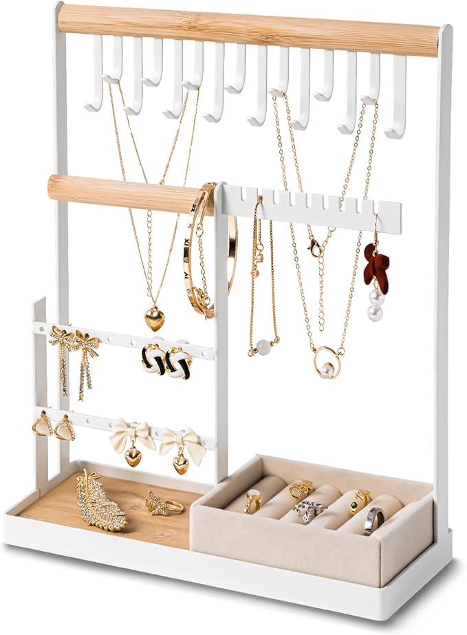DreamGenius Jewelry Organizer Stand with Velvet Ring Holder, 4 Tier Jewelry Holder Organizer with 15 Hooks for Necklaces and 16 Holes for Earrings, White