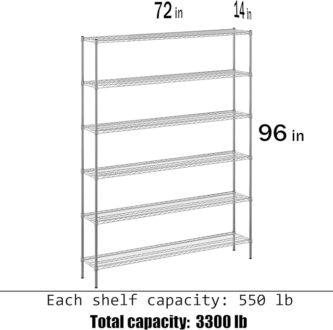 14" Deep x 72" Wide x 96" Height Wire Shelving Kit | 6-Tier | NSF Commercial Storage Rack Unit