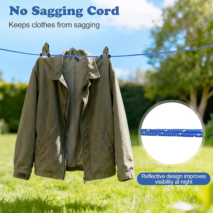 2 Pack Travel and Camping Clothesline - 2 Reflective cords (11.5 ft Each, 48 Beads), 2 Cord Winders & 2 Zippered Bags. Portable Clothes Line for Cruise, Hotel & Outdoor. Laundry Drying Rope