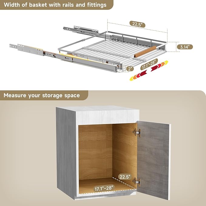 2 Pack Expandable Pull Out Cabinet Organizer，Side Mounting 17.1~28"x22.5"Cabinet Pull Out Shelves, Expandable Slide Out Spice Rack for Kitchen Bathroom Office
