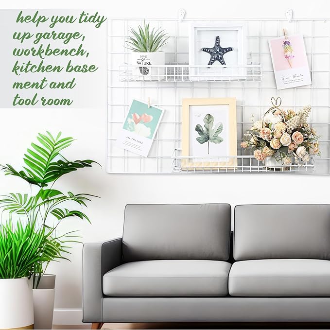 Blulu 4 Pcs 15.75 x 3.94 x 1.97 Inch Metal Grid Wall Baskets with Hooks Grid Wall Shelves Hanging Wire Basket Multi Function Storage Organizer for Kitchen Organizing Display (White)