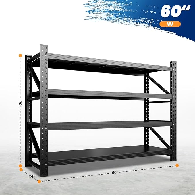 MIIIKO 60" W Storage Shelves,4800LBS Metal Garage Storage Shelving,Heavy Duty Adjustable Unit Storage Shelves for Warehouse,Basement,60" W x 24" D x 70" H,Black