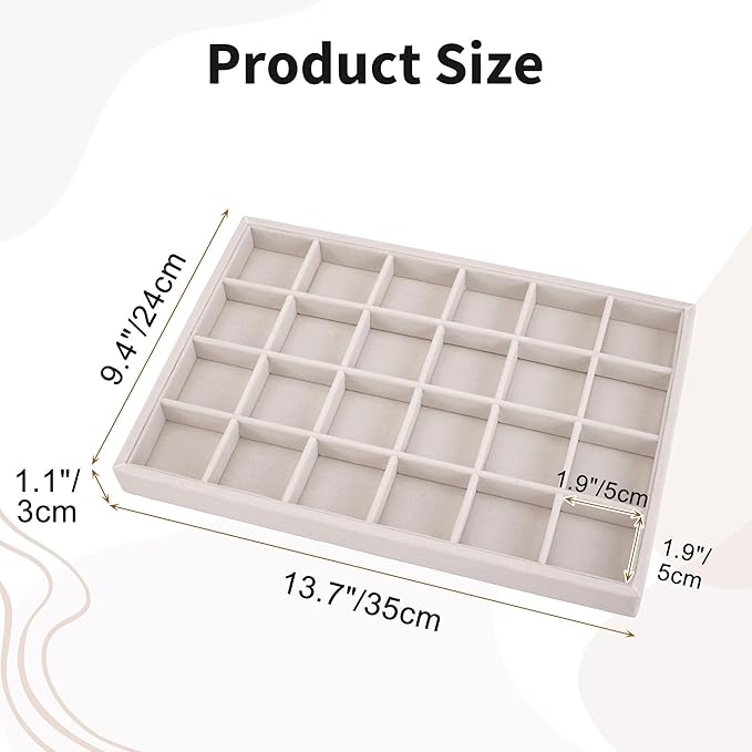 Mornajina 24 Grids Velvet Jewelry Tray Jewelry Display Tray, Stackable Empty Plate Trays for Earrings Necklaces Bracelet Rings Display Showcase - Beige