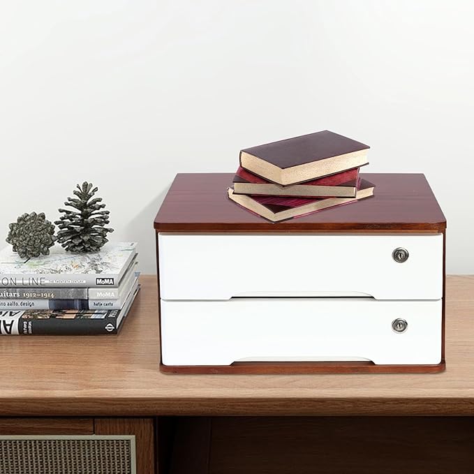 2-Tier Desktop Storage Box with Lockable Drawer, Wooden Desk Organizer for Office Supplies, Flat File Cabinet, Minimalist Design for Home & Office Use(Walnut+White)