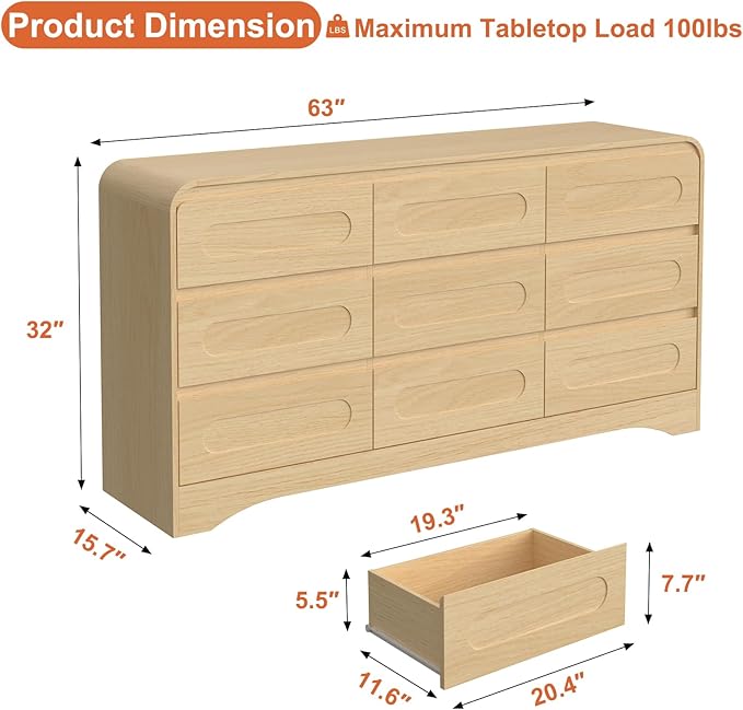 Dresser for Bedroom with 9 Drawers, 63" Large Modern Dressers & Chest of Drawers with Curved Profile Design, Wood Closet Clothes Storage Long Dressers Organizer for Bedroom Living Room Hallway, Oak