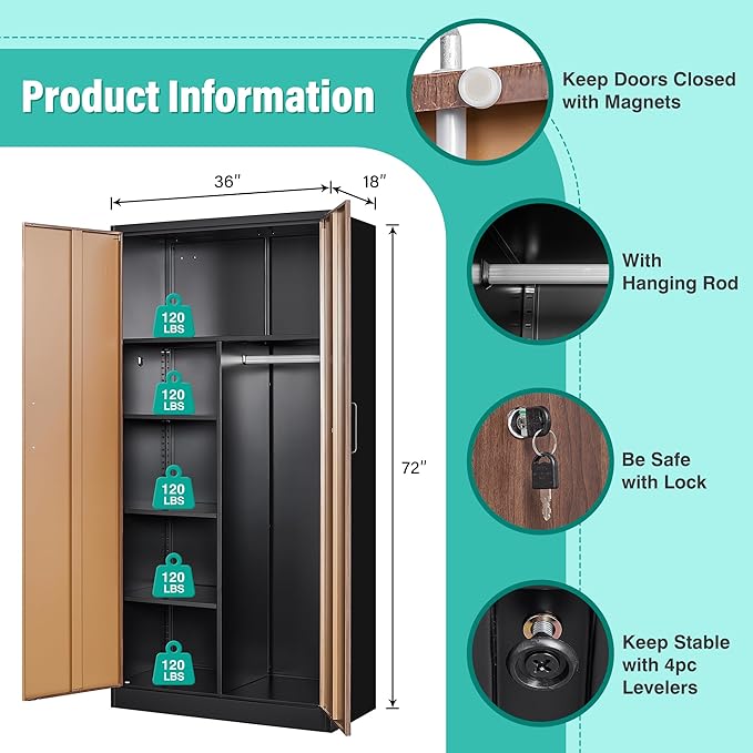 Wide & Deep Metal Storage Cabinet with Hanging Rod,Broom Closet Storage Cabinet with Lock,72" Tall Wardrobe Cabinets with Doors and Shelves,Locking Steel Tool Cabinets for Home,Office,Garage