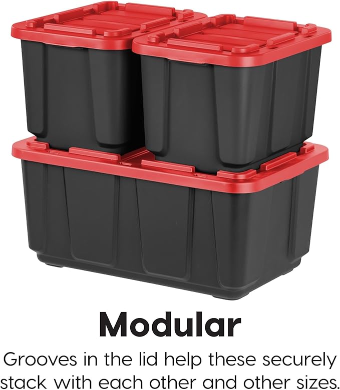 IRIS USA 27 Gallon Heavy Duty Truck Bed Toolbox Storage Tote Bins with Lids, 4 Pack - Made in USA, Tough Snap On Lockable Lid Stackable Industrial Tubs, Garage Organization Reusable Box - Red