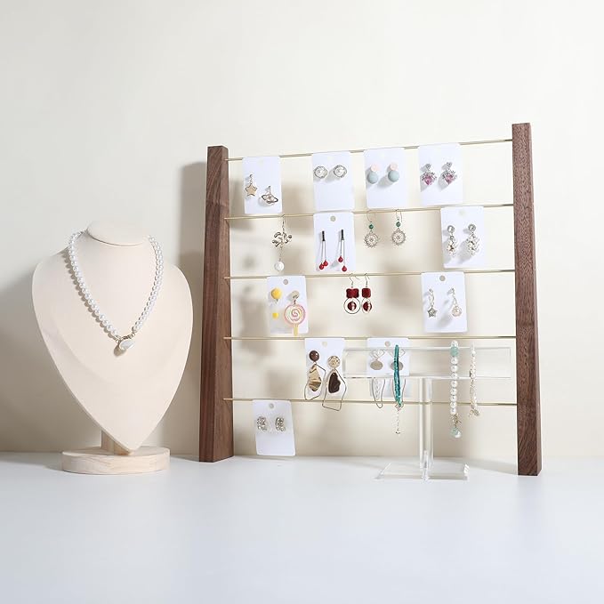GemeShou 5 Tiers Walnut Earring display stands for selling, Wooden Jewelry Shelf, Earring Storage Organizer, Brass earring holders with 30 PVC cards for stud Dangle Hoop【Walnut 5-Tier】