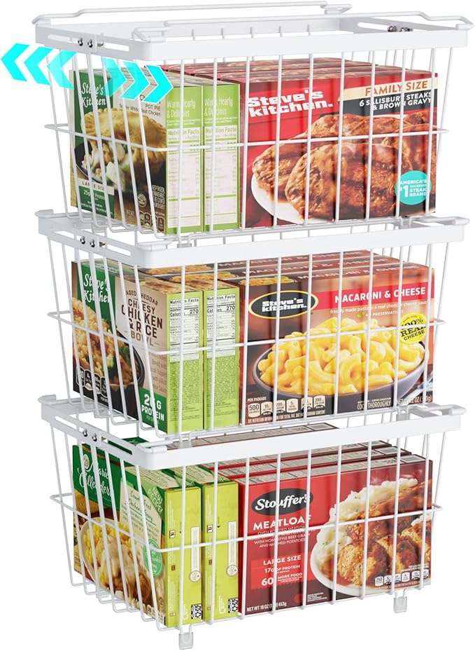 iSPECLE Freezer Organizer Bins - 3 Pack Adjustable Chest Freezer Organizer Bins for 5 to 9 Cu.Ft Deep Freezer, Extra Large & Easy Organize Basket Store More, Stackable No Wasted Space, White