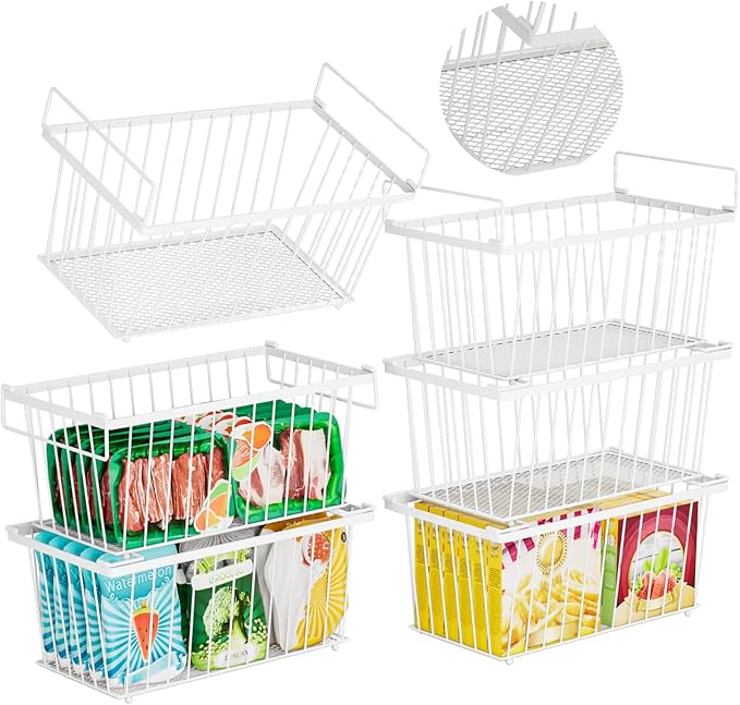 Enhanced Leak-Proof Bottom - Freezer Organizer Bins ，6 Pack Stackable Deep Freezer Organizer Bins for 7 Cu.FT Small Chest Freezer，Easy Get Bottom Foods without Digging