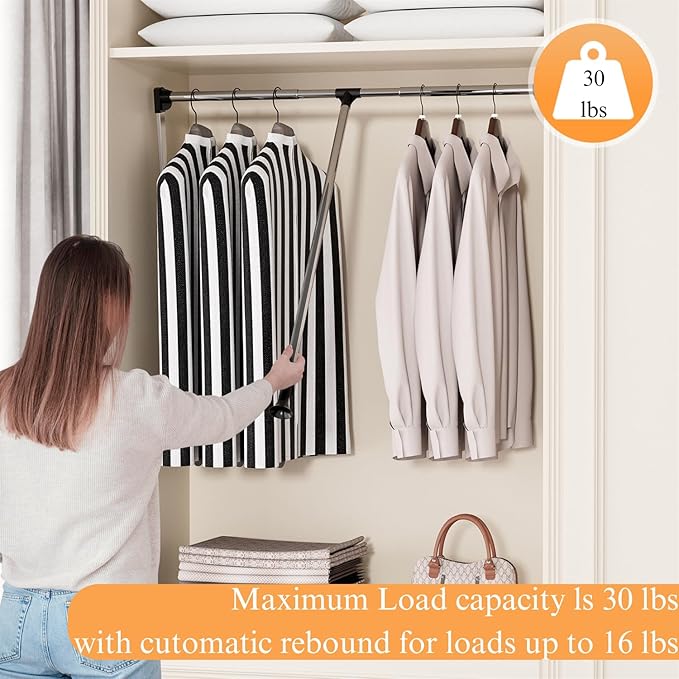 Pull Down Closet Rod, 33 lbs Load Capacity Stainless Steel Clothes Hanging Rod, Adjustable 33-45 Inch Soft-Close Wardrobe Lift Rail Organizer for Bedroom Laundry Room