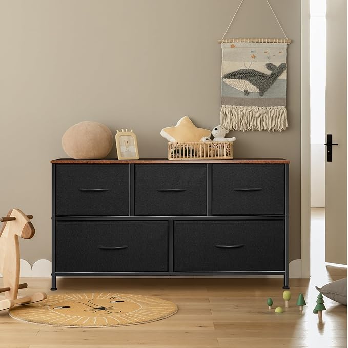 Dresser for Bedroom with 5 Drawers, Chest of Drawers, Storage Drawers Organizer Unit, Black Wide Fabric Dresser with Fabric Bins for Closet, Living Room, Bedroom (Black and Rustic Brown)