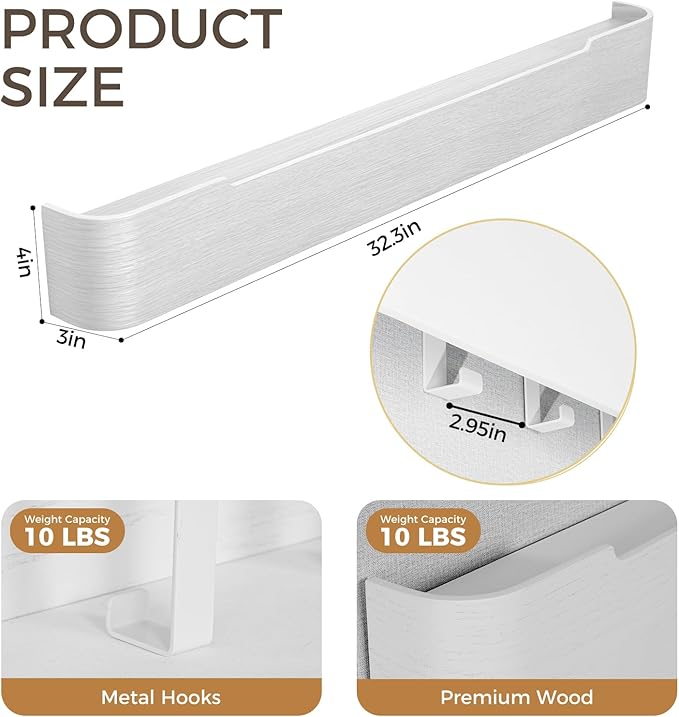 Wall Coat Rack Floating Shelves Modern Coat Rack Wall Mount with Storage Entryway Shelf Wooden Hanger 20 Inch 4 Hidden Metal Hooks for Living Room Bedroom (White, 8 Hooks)