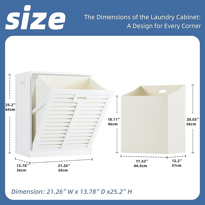 HITNET Tilt Out Laundry Hamper Cabinet, Bathroom Laundry Cabinet with 16 Gallon Clothes Basket, Space Saving Freestanding Bamboo Storage Organizer for Towels and Toys, White