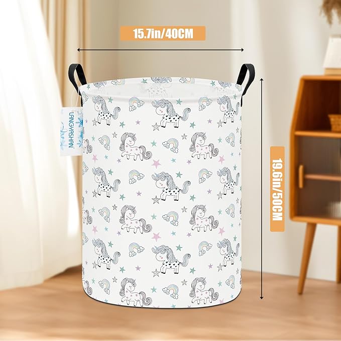 LANGYASHAN Laundry Basket Canvas Fabric Collapsible Organizer Basket for Storage Bin Toy Bins Gift Baskets Bedroom Clothes Children Nursery Hamper (Rainbow Unicorn)