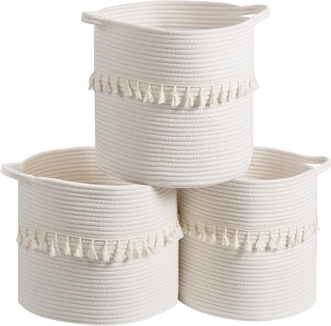 danpinera 3 Pack White Storage Baskets, 11"x11" Soft Woven Baskets for Storage and Decor in Bedroom, Nursery, Closet, Small Round Rope Baskets for Shelves, Decorative Storage Basket