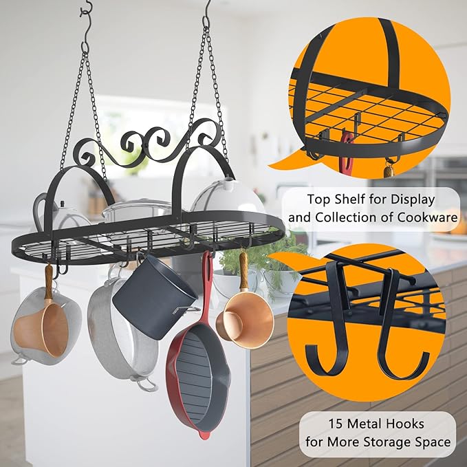 33" Pots and Pans Hanging Rack, Heavy-duty Metal Pan Rack Hanger Organizer with Hooks, Hanging Pot Rack Ceiling Mount for Kitchen Cookware Utensils Toiletries