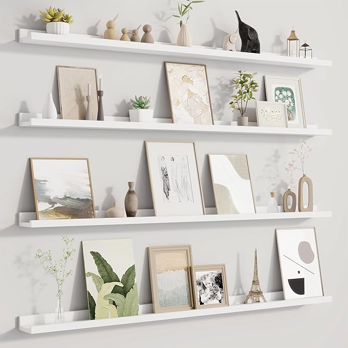 Fun Memories Picture Ledge Shelf for Wall, Floating Shelves Set of 4, 48 Inch Long Nursery Book Shelves for Toys Storage, Kids Bookshelf Wall Mounted for Books Photo Frames, White