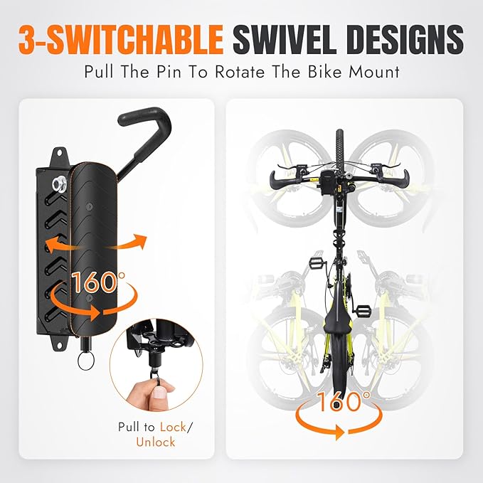 INNO STAGE 2-Pack Swivel Bike Wall Mount Rack, Heavy Duty Bike Rack, Garage Bike Rack & Indoor Bike Rack Solution, Bike Wall Hanger Holds 66 lbs, Space-Saving Vertical Storage for Bicycles