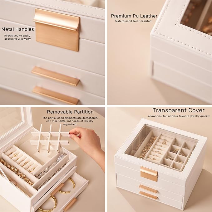 Jewelry Box Organizer with Glass Lid, 3-Layer Jewelry Storage, with 2 Drawers, Modern Style, 8 x 9.1 x 5.3 Inches (Brown)
