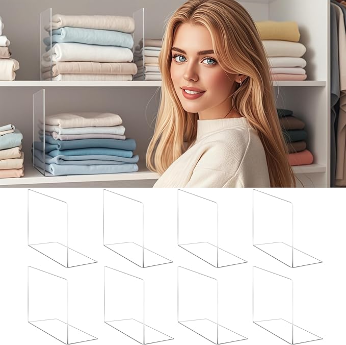 Shelf Dividers for Closet Organization - 10" Tall x 12" Deep Acrylic Closet Dividers for Shelves - Clear Free-Standing Shelf Separators for Clothes Sweater Purse