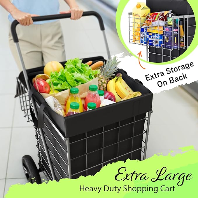 Shopping Cart w/Waterproof Basket Liner & 360° Swivel Wheels | Foldable Collapsible & Lightweight | Perfect for Groceries Laundry Utility Cart - Silver
