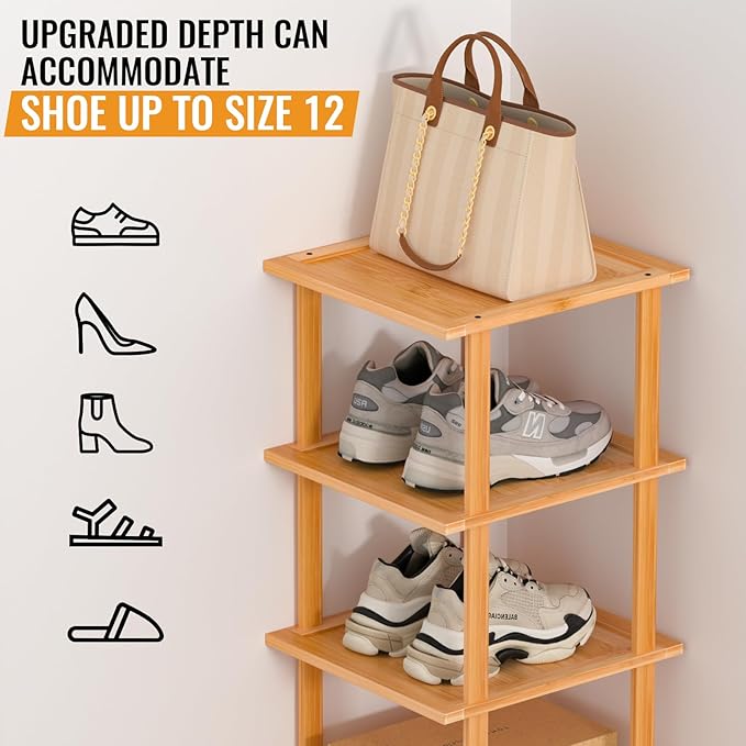 Bamboo Free Standing Shoe Rack Shelf Multi Tier Tall Wooden Stackable Shoes Rack Organizer for Closet Front Door Entrance Narrow Vertical Shoe Storage Rack for Corner Stand (Nature, 7 Tiers)