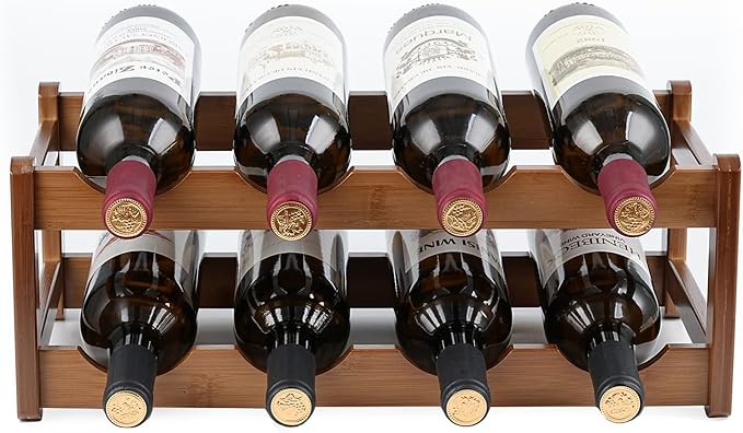 Wine Rack Storage,Bamboo Wine Racks Cabinet Shelf,2-Tier 8 Bottles Freestanding Wine Bottle Holder for Basement,Kitchen,Countertop