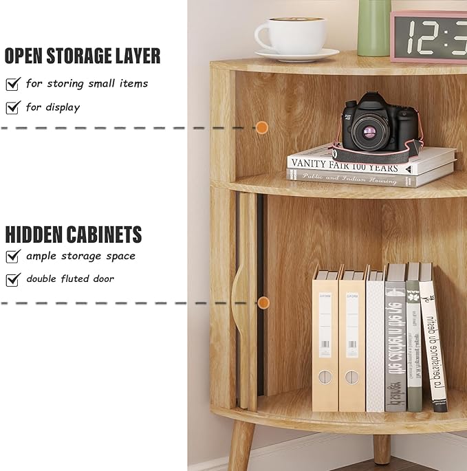 Bathroom Corner Storage Cabinet, 31.5''H Small Floor Corner Cabinet with 2 Fluted Doors and Shelves, Freestanding Narrow Cabinets Organizer for Living Room, Kitchen (Wood Color, 31.5''H)