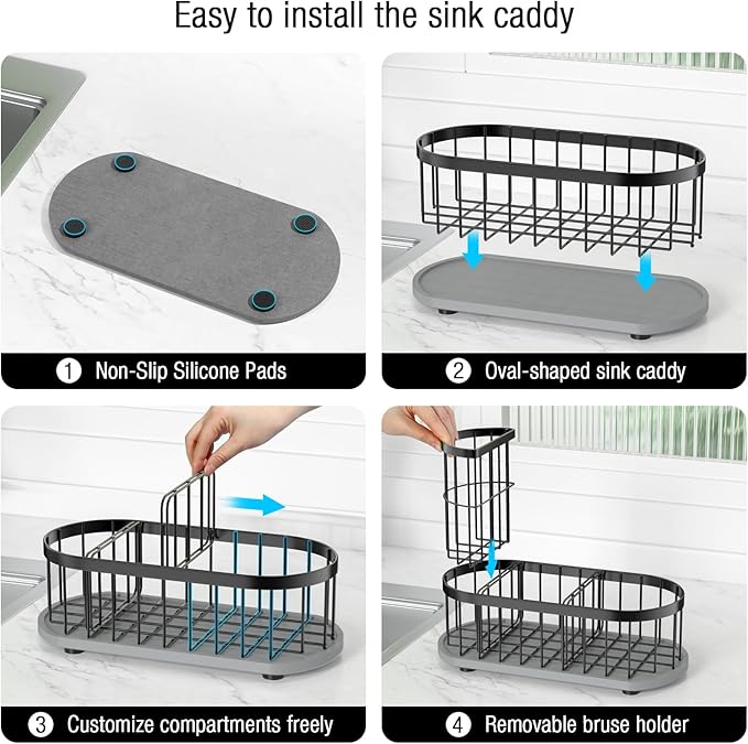 Kitchen Sink Organizer with Sponge Holder & Brush Holder - Drain-Free Non-Slip Base, 2.6mm Stainless Steel with Black Rust-Resistant Coating - Easy Install & Clean Kitchen Sink Caddy