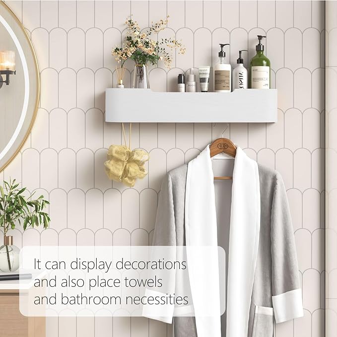 Coat Rack Wall Mount with Hidden Hooks Modern Key Holder Wood Entryway Hook with Shelf for Bedroom Kitchen Hallway Bathroom Designed for Hanging Coats Hats Bags Towels Dog Leashe(White,5 Hooks)