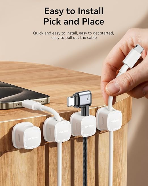 Rocoren 6-Pack Magnetic Cable Clips Cord Organizer - USB, HDMI Cable Management Accessories for Desk, Wall, Car
