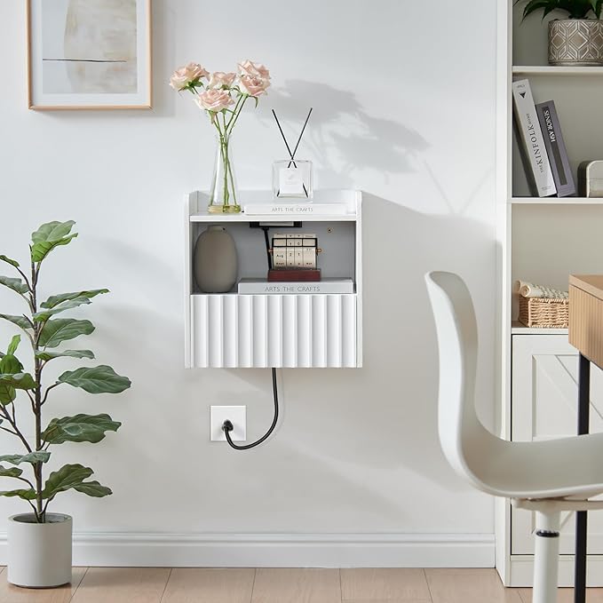 Modern Fluted Floating Nightstand Wall Mounted - Bedside Table with Storage Drawer & Display Shelf, Minimalist Bedroom Furniture for Studio Apartments (Matte White)