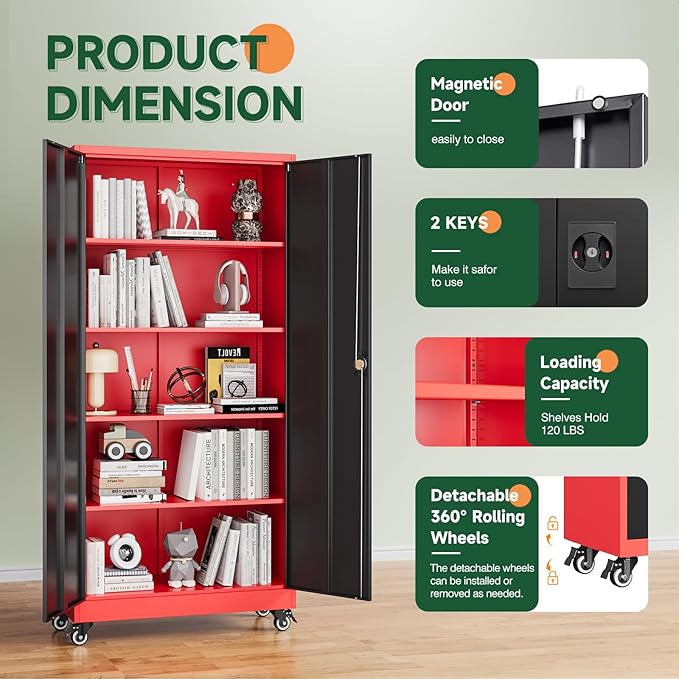 Letaya Metal Garage Storage Cabinets with Lock Door and Adjustable Shelves, Steel Tool Cabinets for Home,Office,Warehouse Organisieren (Black Red, 75" H)