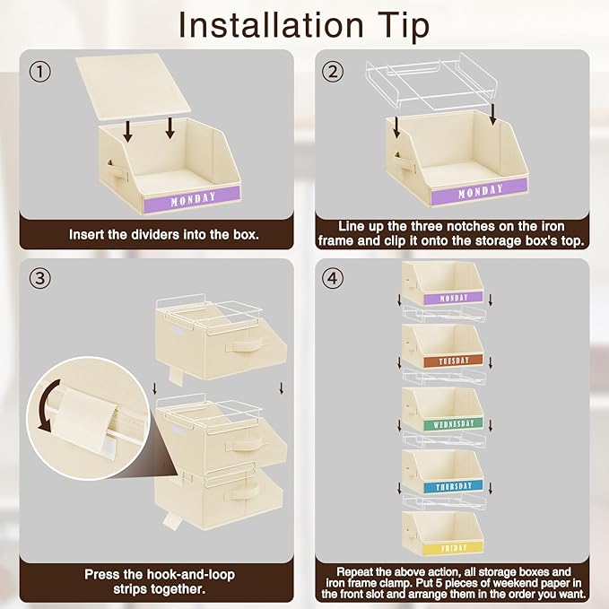 Closet Organizers and Storage - 5 Tier Shelf Organizer with Weekly Labels, Stackable Storage Bins with Metal Frame, Foldable Cube Bins, Home Baskets for Kids and Adults, Beige
