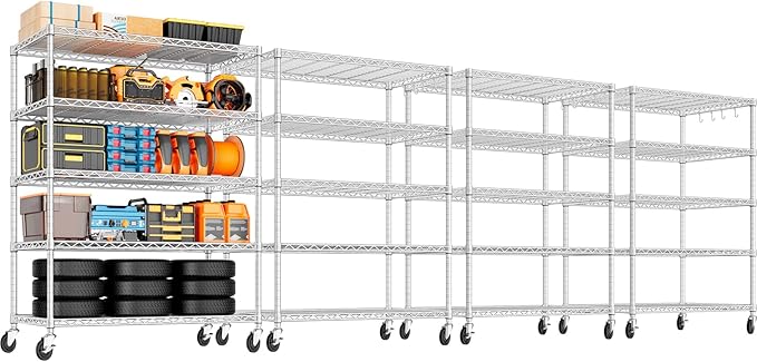 PrimeZone 5 Tier 48" Wx24''Dx81''H Wire Shelving with Wheels 3000lbs NSF Certified Storage Shelves Heavy Duty Metal Shelf Adjustable Rolling Rack Commercial Garage Restaurant Warehouse Chrome 4Pack