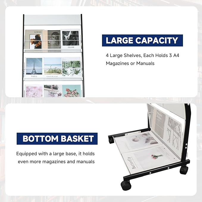 4-Tier Floor-Standing Magazine Rack with Wheels – Perfect Brochure Display Stand for Exhibitions, Offices, and Information Hubs