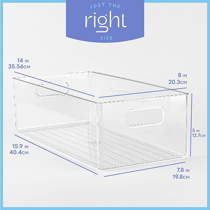 primebox Plastic Food Storage 6 Pack Clear Container Bin with Handles for Organizing Kitchen, Pantry, Refrigerator, Freezer, Pantry, Cabinet, Closet, Bathroom. 14”x8”x5”