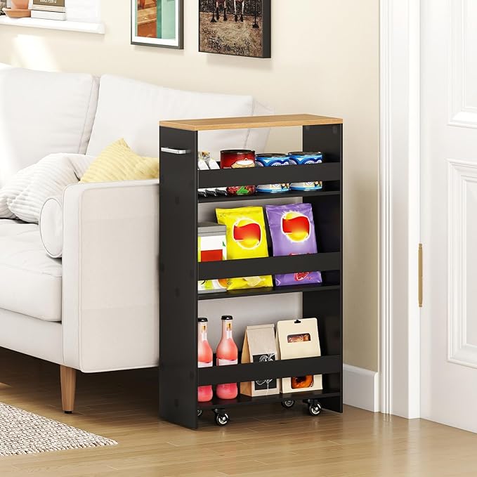 Small Kitchen Cart, 4-Tier Slim Rolling Island w/Handle, Laundry Room Storage Organizers Between Washer and Dryer, Narrow Spice Rack on Wheels Next to Fridge (Black, 8'')