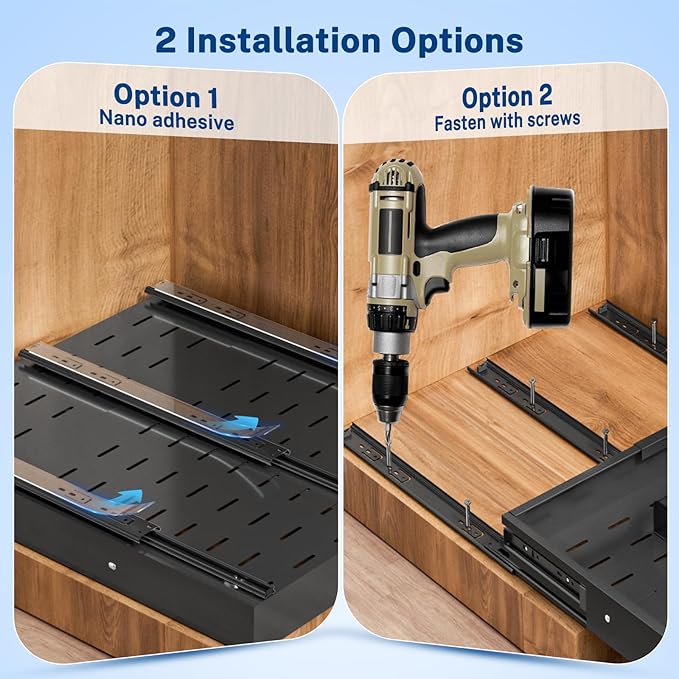 Pull Out Cabinet Organizer Expandable (12.4"-20.08")W & (16.26"-22.44")D, Insputer Slide Out Drawers for Kitchen, Pantry with 2Pcs Magnetic Panel, 3 Slide Rail, No Drill Adhesive Roll Out Shelf Black
